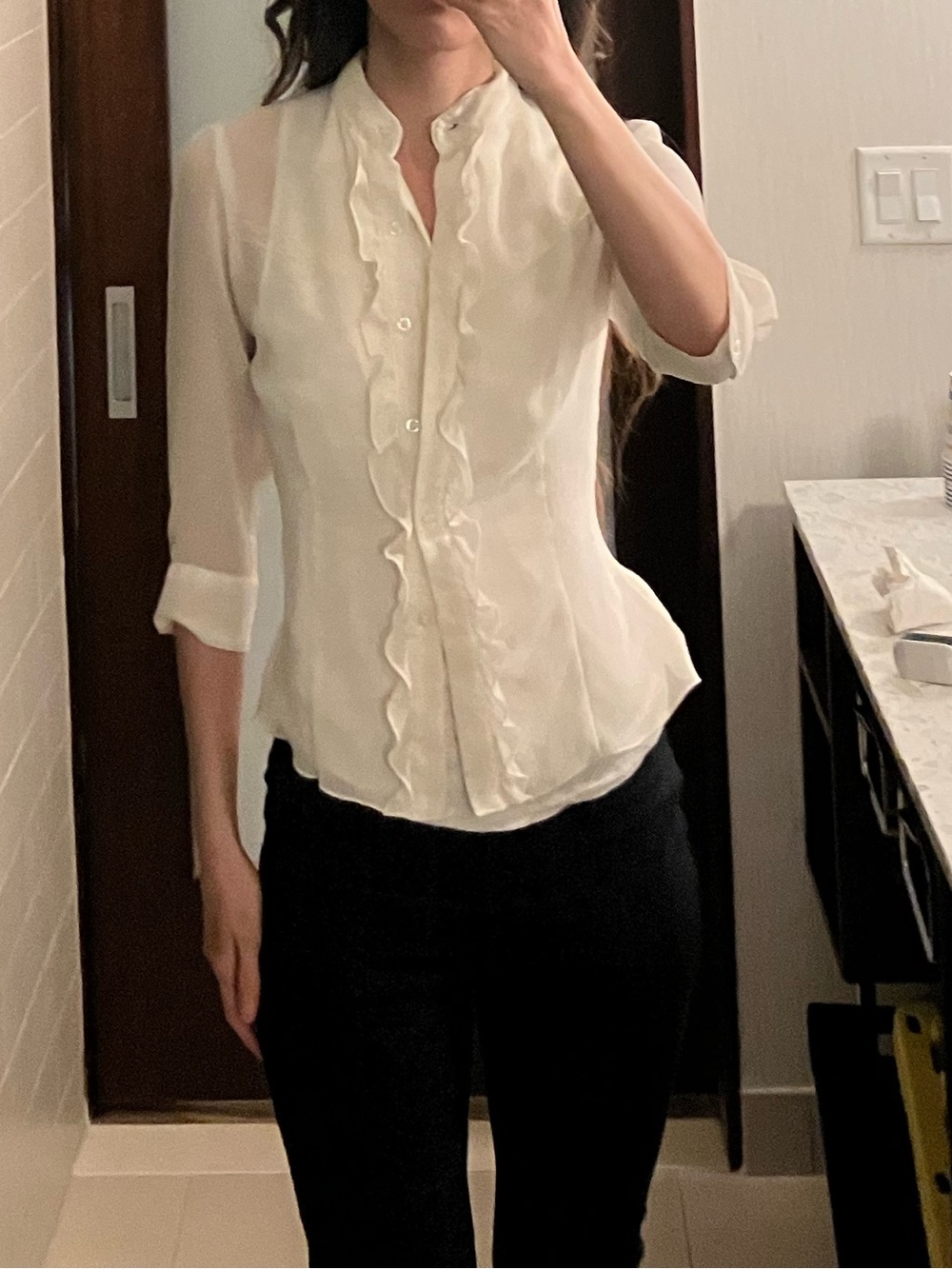 Ruffled button down sheer quarter sleeve shirt